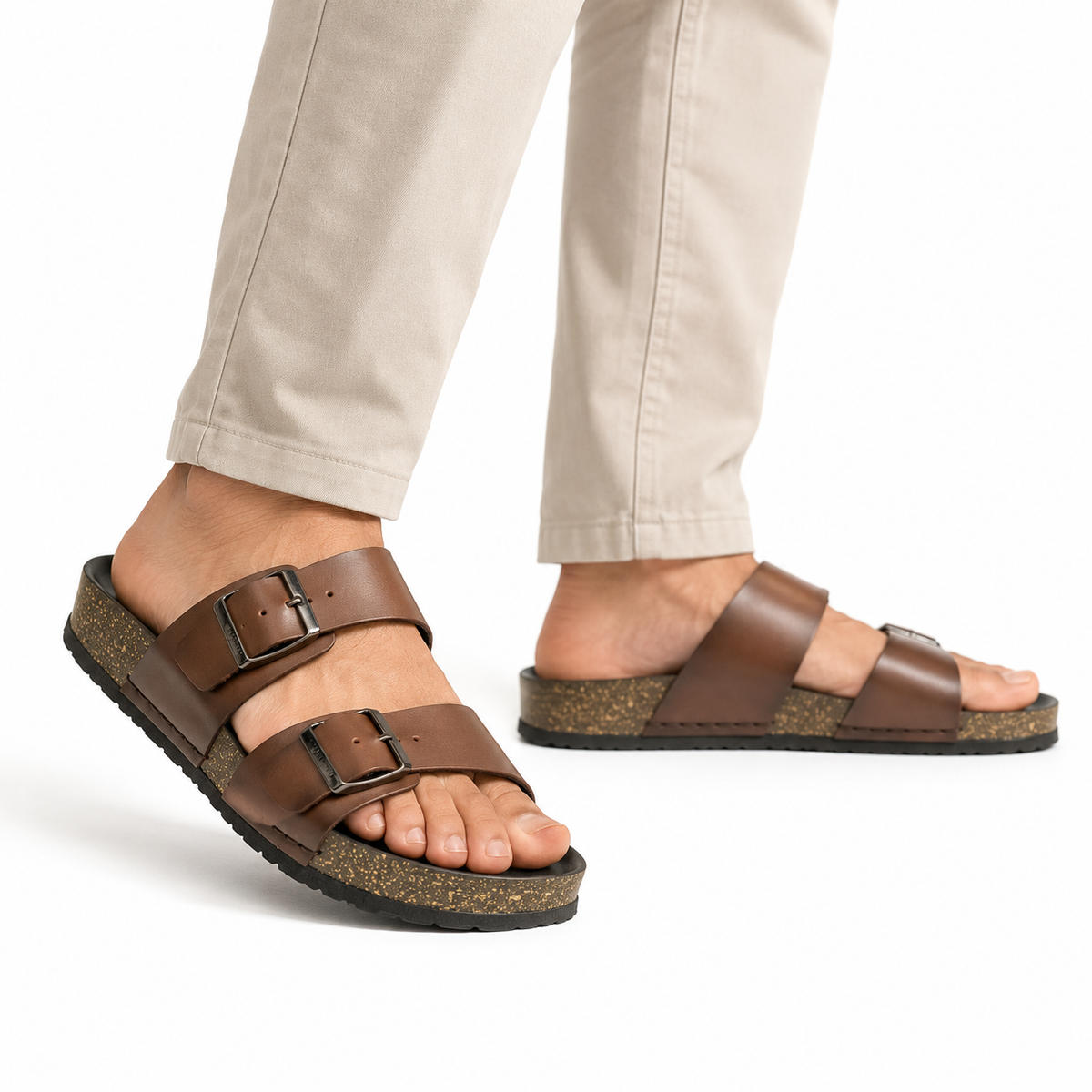 Stylish Leather Velcro Slipper for Men - 1001 BRN / NVY