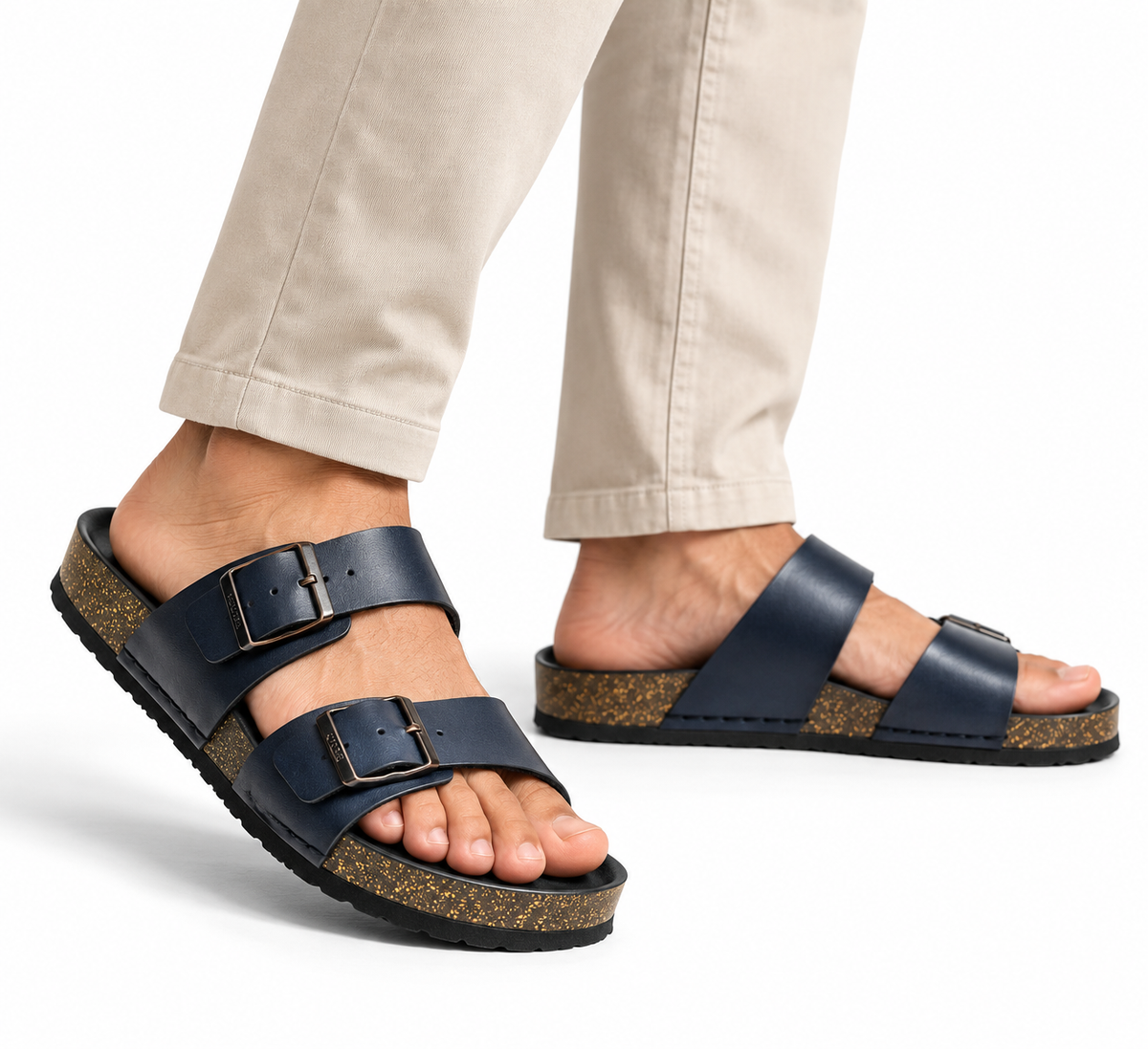 Stylish Leather Velcro Slipper for Men - 1001 BRN / NVY